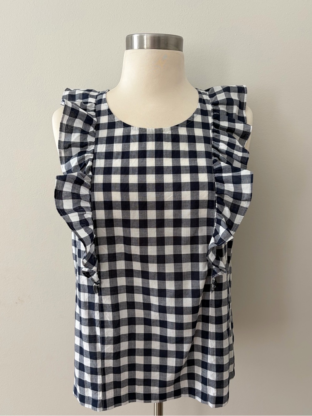 J. Crew Navy and White Gingham Sleeveless Top w/ Ruffle Sz 2 Preppy Cottagecore